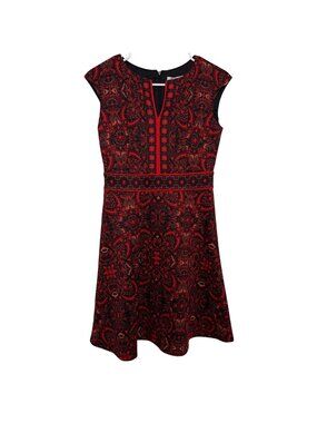 London Style Collection Red & Black Paisley Print Cap Sleeve A-Line Dress 6P